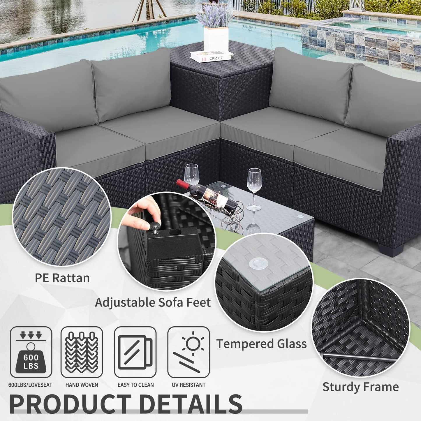 Outdoor PE Wicker Patio Furniture Set 4 Piece Black Rattan Sectional Loveseat Couch Set Conversation Sofa with Storage Box Glass Top Table and Non-Slip Grey Cushion - CookCave