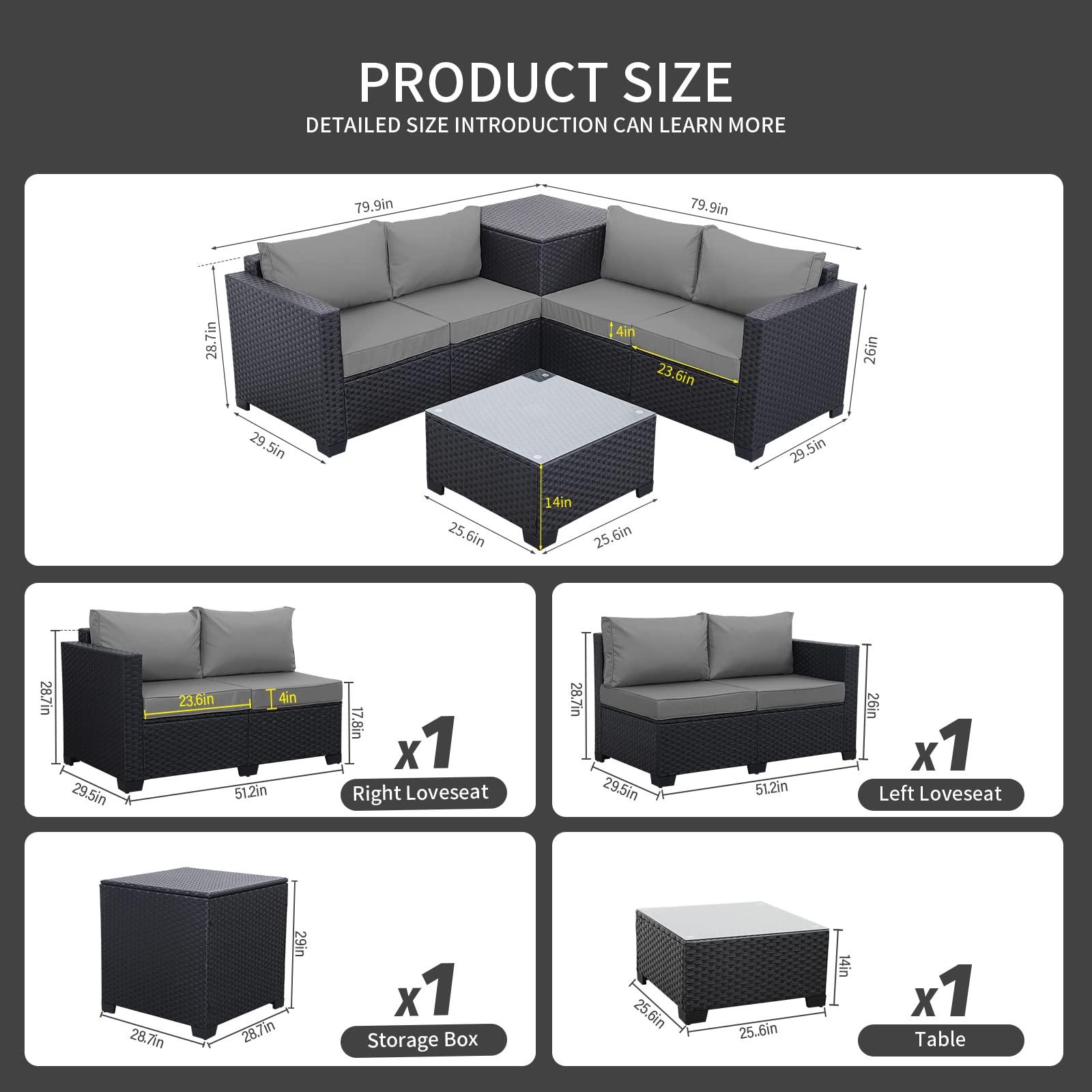 Outdoor PE Wicker Patio Furniture Set 4 Piece Black Rattan Sectional Loveseat Couch Set Conversation Sofa with Storage Box Glass Top Table and Non-Slip Grey Cushion - CookCave