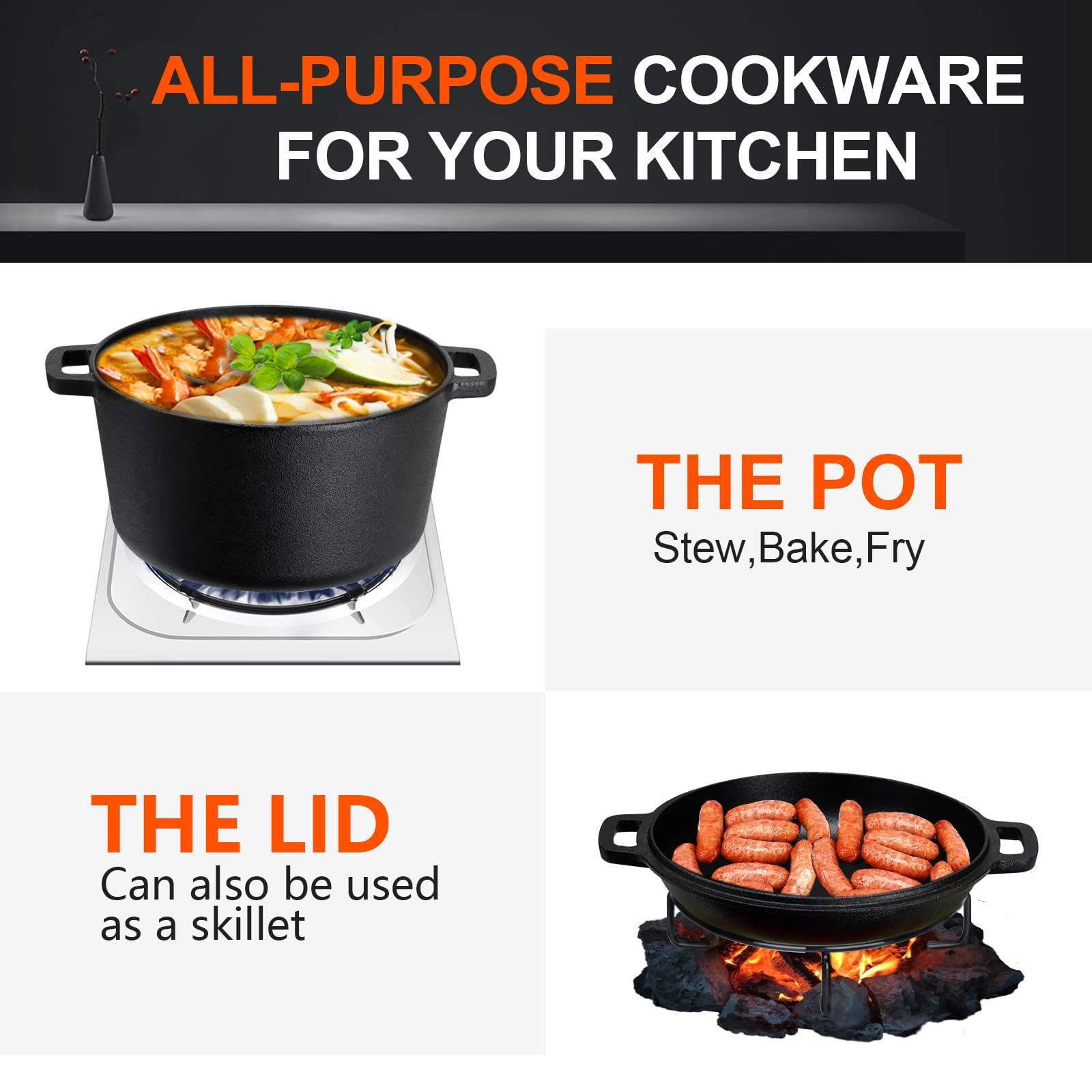 Overmont 2 in 1 Pre Seasoned Dutch Oven with Skillet Lid for Induction, Electric, Grill, Stovetop, BBQ, Camping (5 Quart) - CookCave