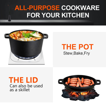 Overmont 2 in 1 Pre Seasoned Dutch Oven with Skillet Lid for Induction, Electric, Grill, Stovetop, BBQ, Camping (5 Quart) - CookCave