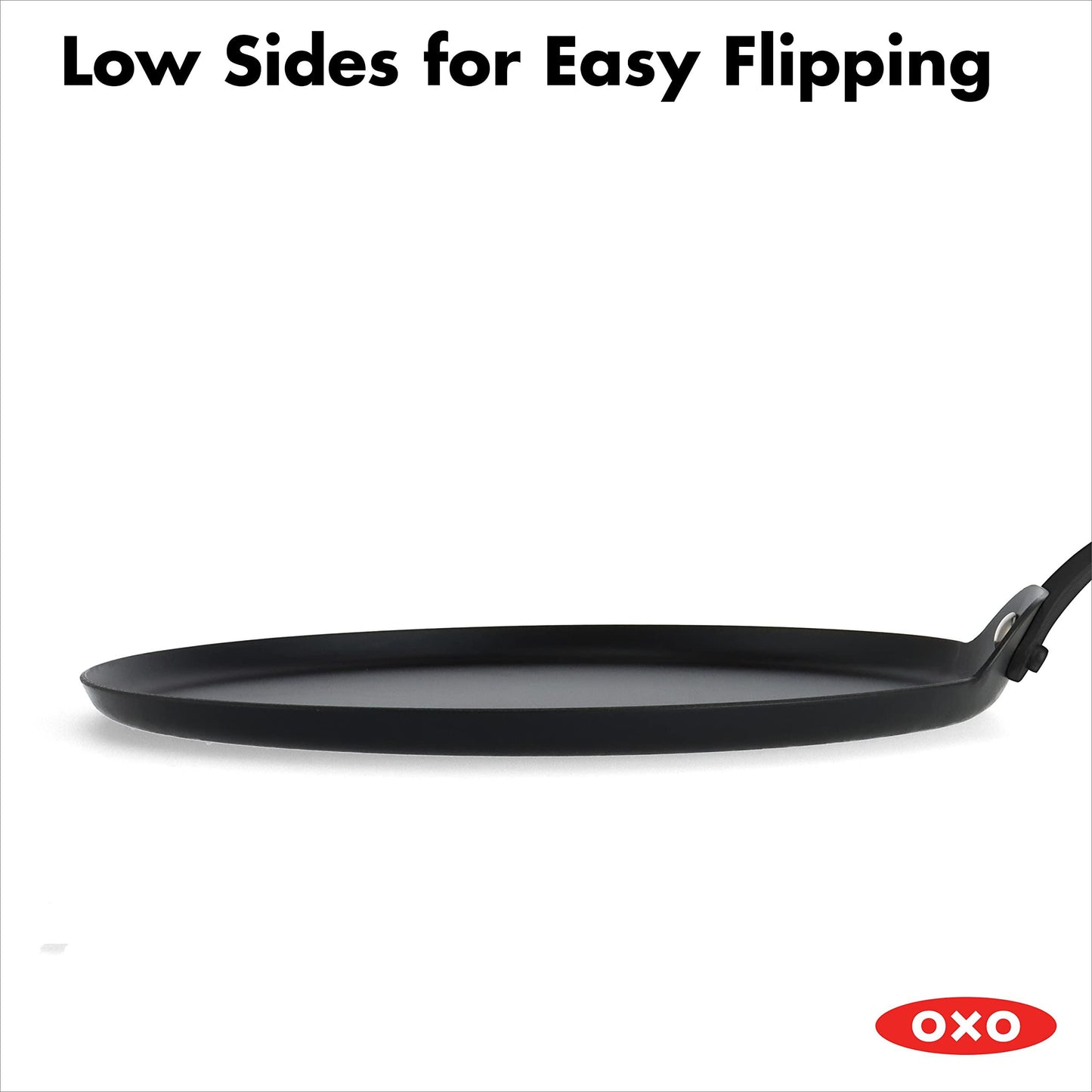 OXO Obsidian Pre-Seasoned Carbon Steel, 10" Crepe and Pancake Griddle Pan with Removable Silicone Handle Holder, Induction, Oven Safe, Black - CookCave