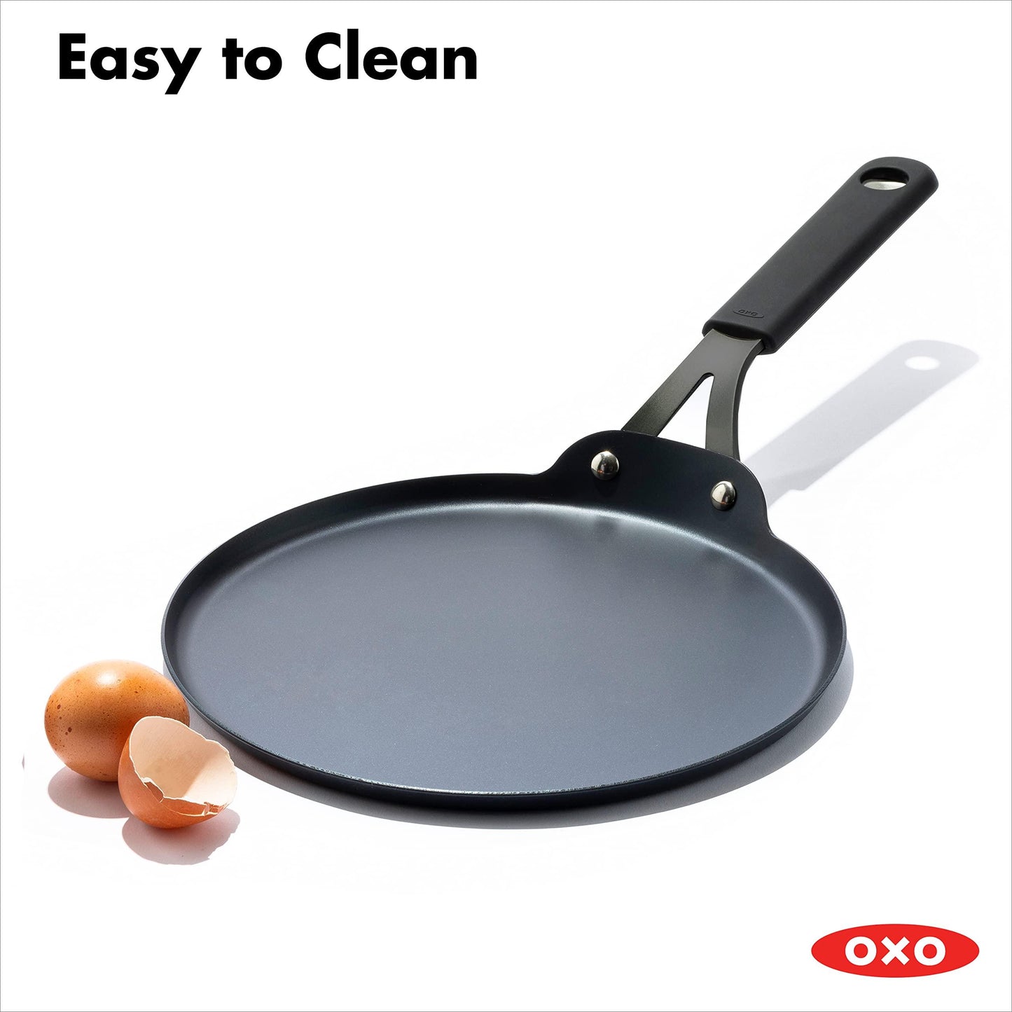 OXO Obsidian Pre-Seasoned Carbon Steel, 10" Crepe and Pancake Griddle Pan with Removable Silicone Handle Holder, Induction, Oven Safe, Black - CookCave