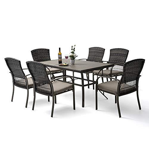 Pamapic 8504 Patio Dining 7 Piece, Outdoor Wicker Furniture Set for Backyard Garden Deck Poolside/Iron Slats Table Top, Removable Cushions, 7 Pack, Beige - CookCave