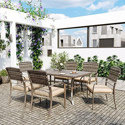 Pamapic 8504 Patio Dining 7 Piece, Outdoor Wicker Furniture Set for Backyard Garden Deck Poolside/Iron Slats Table Top, Removable Cushions, 7 Pack, Beige - CookCave
