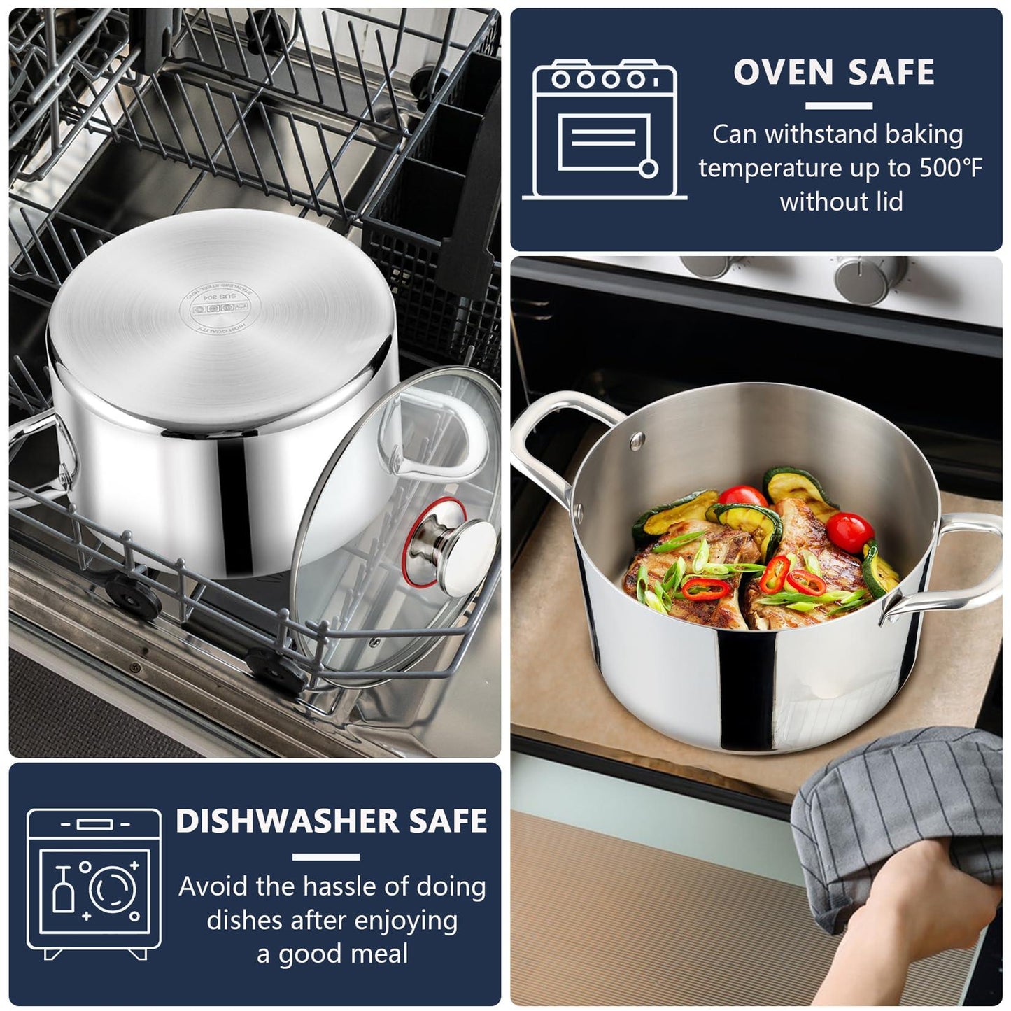 P&P CHEF 6 Quart Stock Cooking Pot, Tri-Ply Stainless Steel Stockpot with Lid for Induction Gas Electric Stoves, Transparent Cover & Double Riveted Handles, Heavy Duty & Dishwasher Safe - CookCave