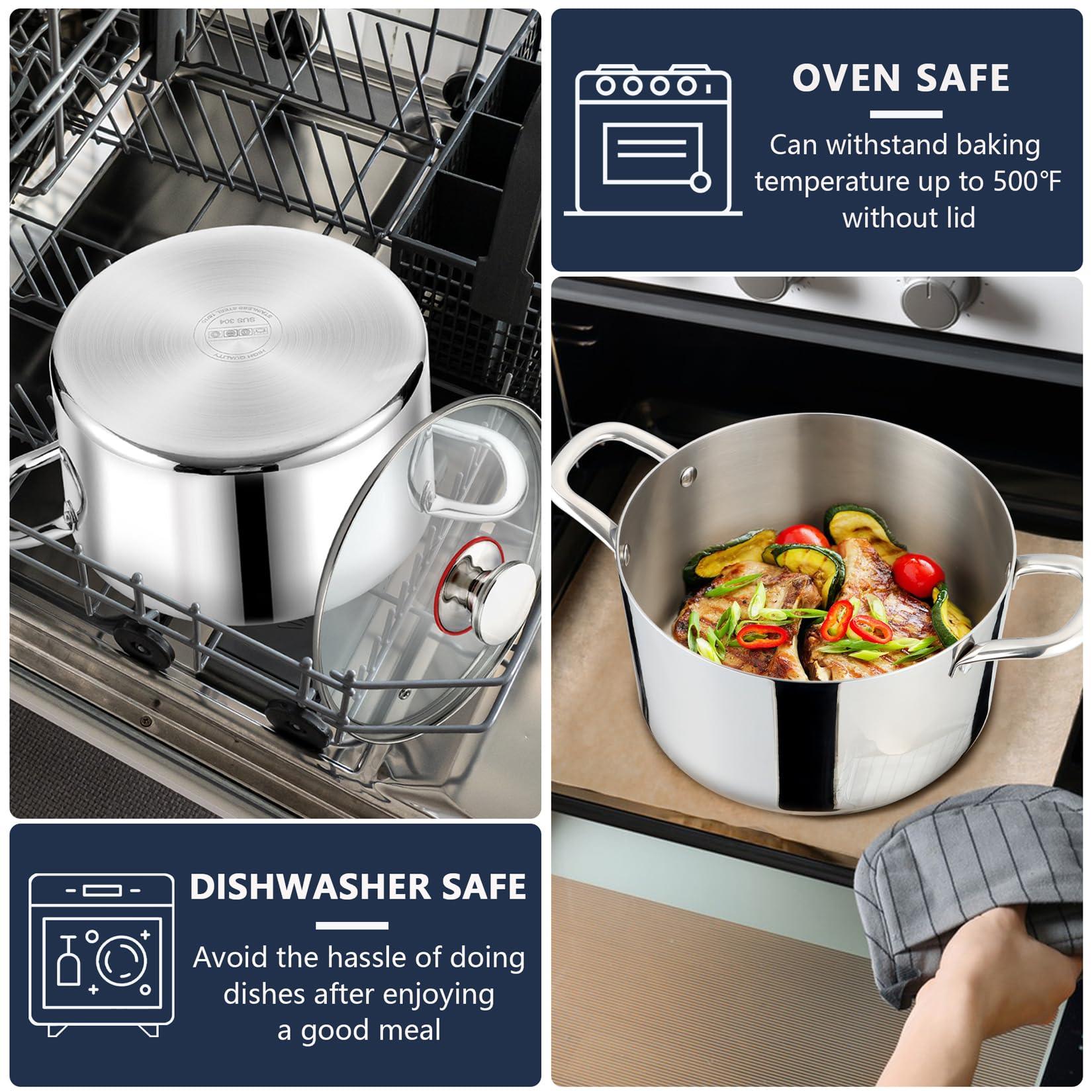 P&P CHEF 6 Quart Stock Cooking Pot, Tri-Ply Stainless Steel Stockpot with Lid for Induction Gas Electric Stoves, Transparent Cover & Double Riveted Handles, Heavy Duty & Dishwasher Safe - CookCave