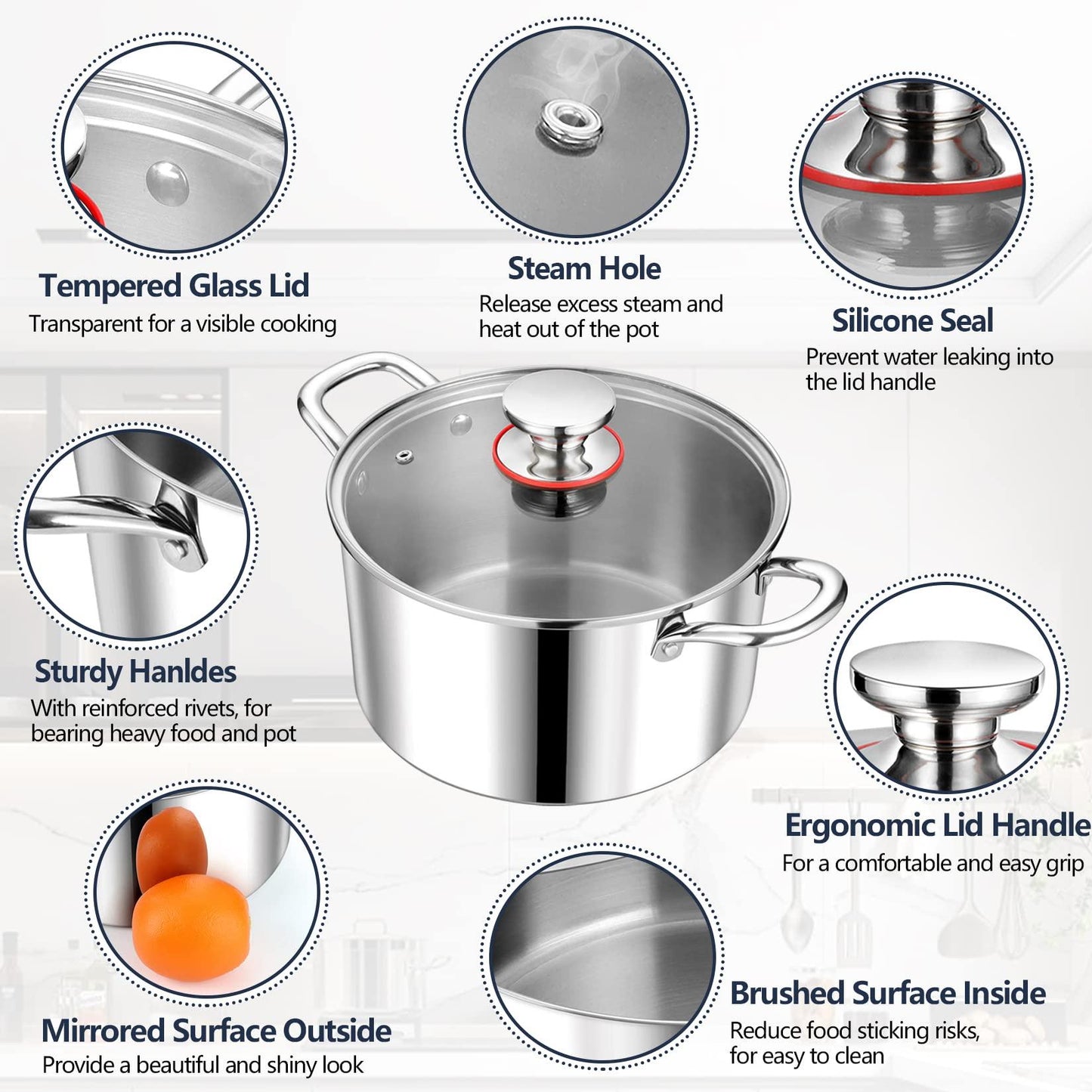 P&P CHEF 6 Quart Stock Cooking Pot, Tri-Ply Stainless Steel Stockpot with Lid for Induction Gas Electric Stoves, Transparent Cover & Double Riveted Handles, Heavy Duty & Dishwasher Safe - CookCave