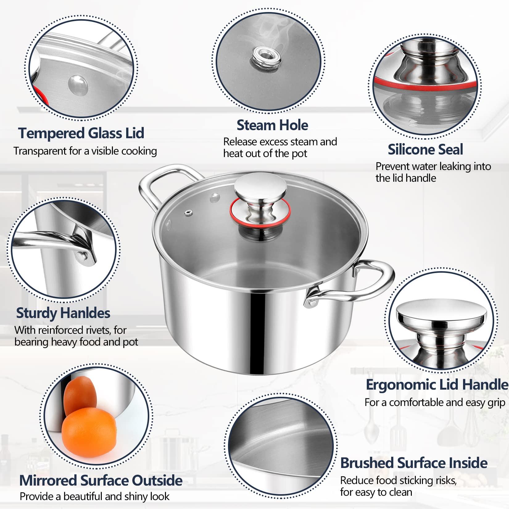 P&P CHEF 6 Quart Stock Cooking Pot, Tri-Ply Stainless Steel Stockpot with Lid for Induction Gas Electric Stoves, Transparent Cover & Double Riveted Handles, Heavy Duty & Dishwasher Safe - CookCave