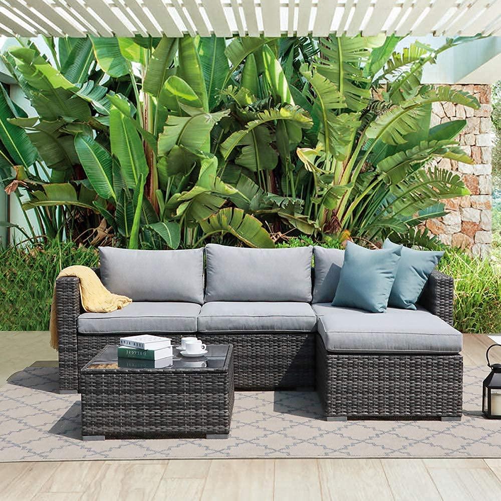 Patiorama 5 Piece Outdoor Patio Furniture Set, Sectional Conversation All-Weather Grey PE Wicker w/Light Cushions, Backyard Porch Garden Poolside Balcony Set - CookCave