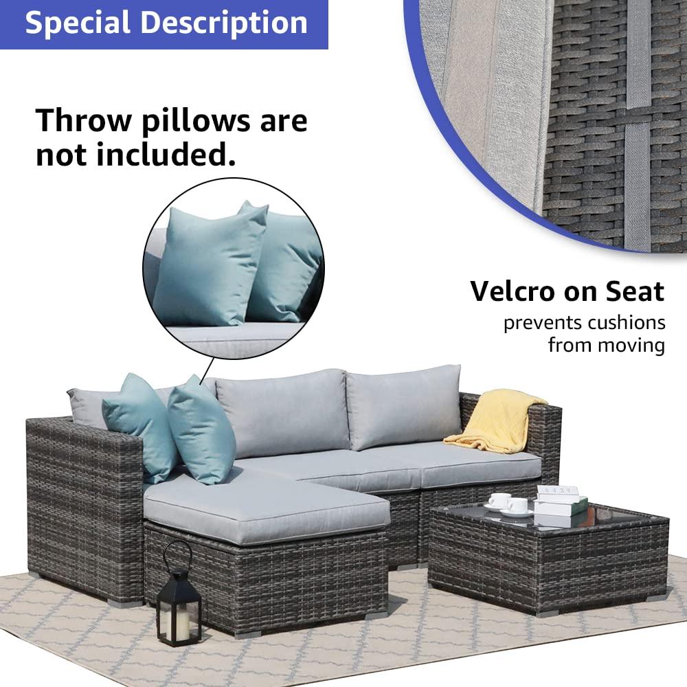 Patiorama 5 Piece Outdoor Patio Furniture Set, Sectional Conversation All-Weather Grey PE Wicker w/Light Cushions, Backyard Porch Garden Poolside Balcony Set - CookCave