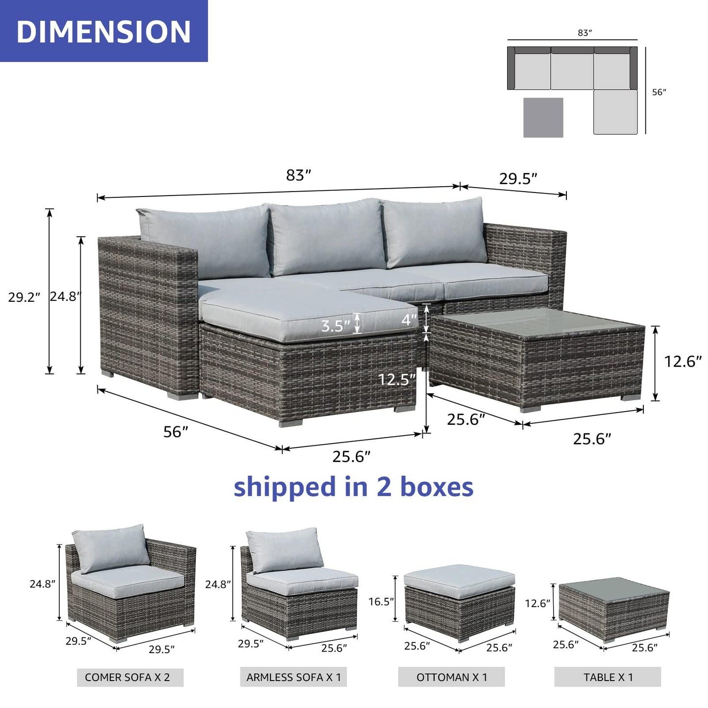 Patiorama 5 Piece Outdoor Patio Furniture Set, Sectional Conversation All-Weather Grey PE Wicker w/Light Cushions, Backyard Porch Garden Poolside Balcony Set - CookCave