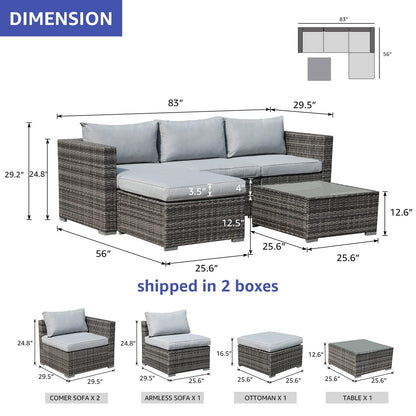 Patiorama 5 Piece Outdoor Patio Furniture Set, Sectional Conversation All-Weather Grey PE Wicker w/Light Cushions, Backyard Porch Garden Poolside Balcony Set - CookCave