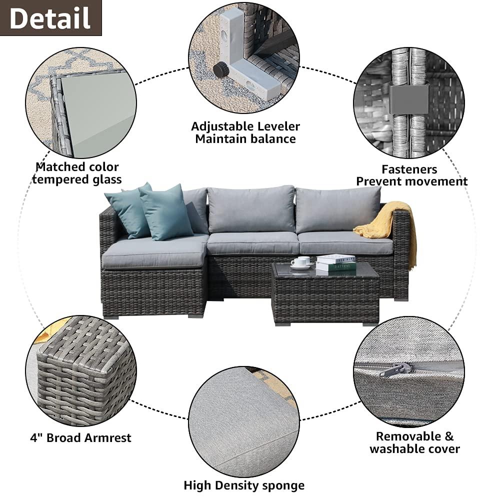 Patiorama 5 Piece Outdoor Patio Furniture Set, Sectional Conversation All-Weather Grey PE Wicker w/Light Cushions, Backyard Porch Garden Poolside Balcony Set - CookCave