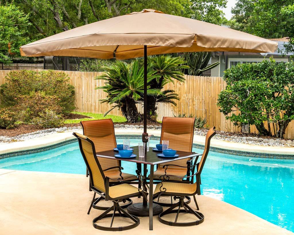 Pebble Lane Living 9pc Aluminum and Wicker Swivel and Rocking Patio Dining Set with Premium Outdoor Cushions and Umbrella - CookCave