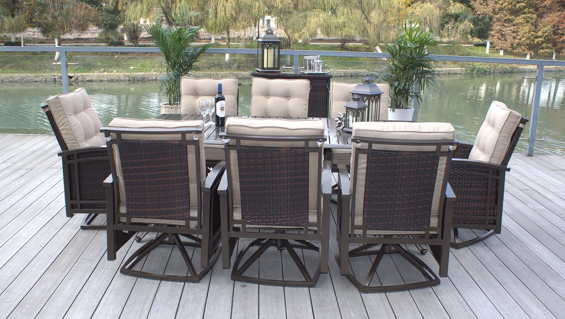 Pebble Lane Living 9pc Aluminum and Wicker Swivel and Rocking Patio Dining Set with Premium Outdoor Cushions and Umbrella - CookCave