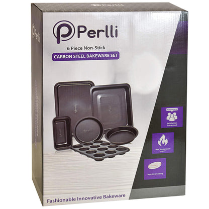 Perlli Baking Pan 6 Piece Set Nonstick Carbon Steel Gray Oven Safe PTFE PFOA Free Bakeware Kitchen Set, Cookie Sheet, 2 Round Cake Pans, 12 Cup Cupcake Muffin Pan, Roasting Pan, & Loaf Pan Bake Set - CookCave