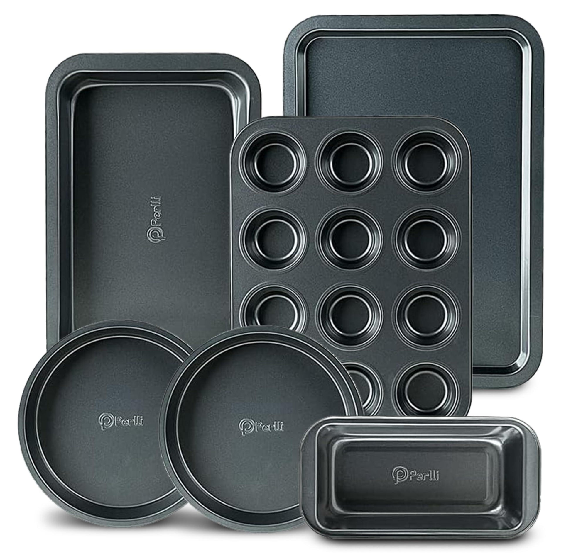 Perlli Baking Pan 6 Piece Set Nonstick Carbon Steel Gray Oven Safe PTFE PFOA Free Bakeware Kitchen Set, Cookie Sheet, 2 Round Cake Pans, 12 Cup Cupcake Muffin Pan, Roasting Pan, & Loaf Pan Bake Set - CookCave