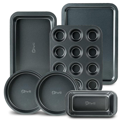 Perlli Baking Pan 6 Piece Set Nonstick Carbon Steel Gray Oven Safe PTFE PFOA Free Bakeware Kitchen Set, Cookie Sheet, 2 Round Cake Pans, 12 Cup Cupcake Muffin Pan, Roasting Pan, & Loaf Pan Bake Set - CookCave