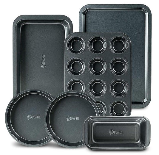 Perlli Baking Pan 6 Piece Set Nonstick Carbon Steel Gray Oven Safe PTFE PFOA Free Bakeware Kitchen Set, Cookie Sheet, 2 Round Cake Pans, 12 Cup Cupcake Muffin Pan, Roasting Pan, & Loaf Pan Bake Set - CookCave