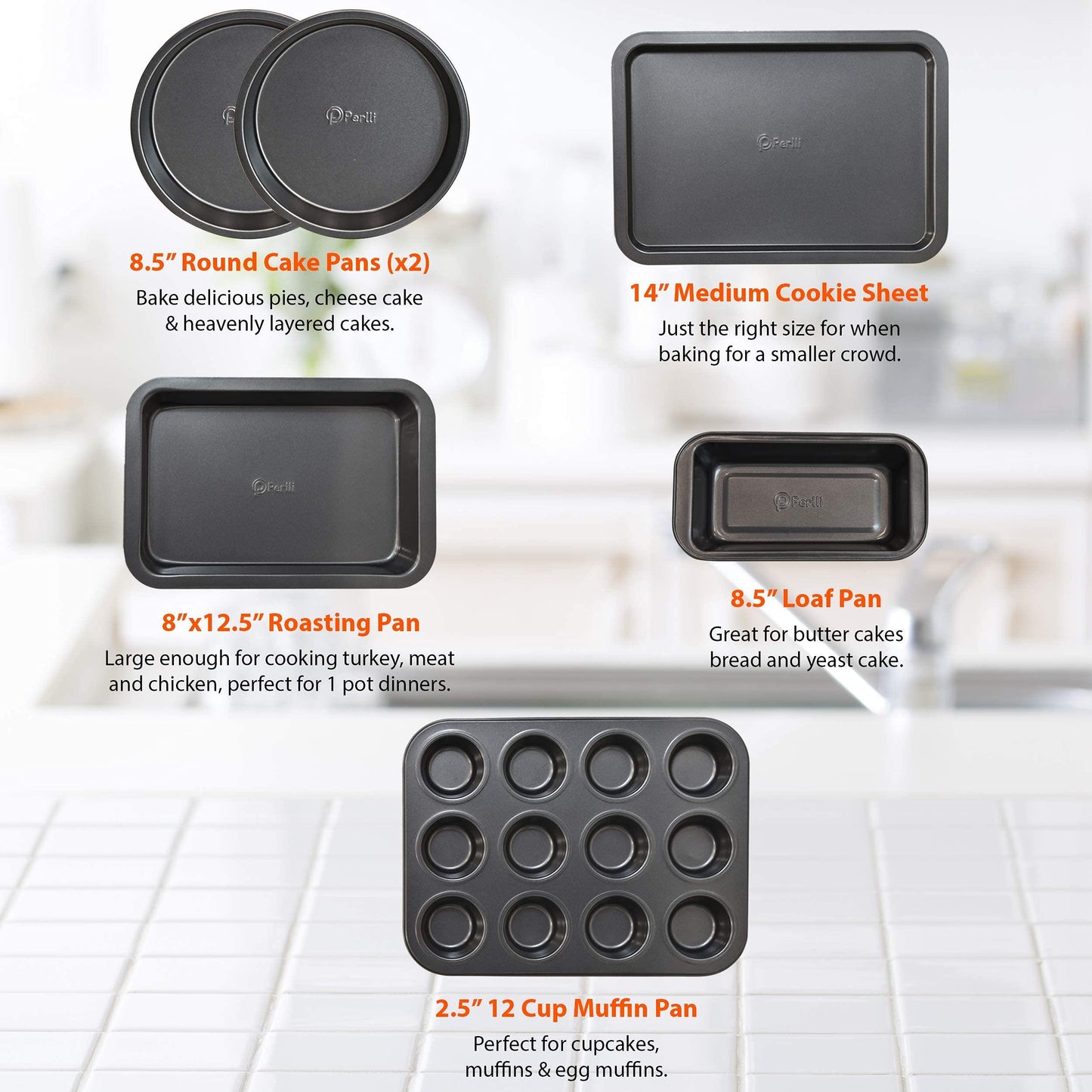 Perlli Baking Pan 6 Piece Set Nonstick Carbon Steel Gray Oven Safe PTFE PFOA Free Bakeware Kitchen Set, Cookie Sheet, 2 Round Cake Pans, 12 Cup Cupcake Muffin Pan, Roasting Pan, & Loaf Pan Bake Set - CookCave