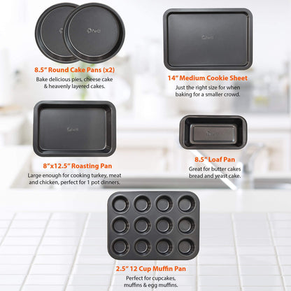 Perlli Baking Pan 6 Piece Set Nonstick Carbon Steel Gray Oven Safe PTFE PFOA Free Bakeware Kitchen Set, Cookie Sheet, 2 Round Cake Pans, 12 Cup Cupcake Muffin Pan, Roasting Pan, & Loaf Pan Bake Set - CookCave