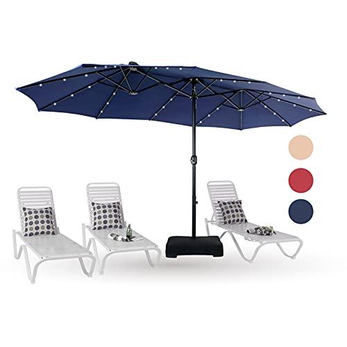 PHI VILLA 15ft Large Patio Umbrella with Solar Lights, Double-Sided Outdoor Market Rectangle Umbrellas with 36 LED Lights, Umbrella Base (Stand) Included, Navy Blue - CookCave