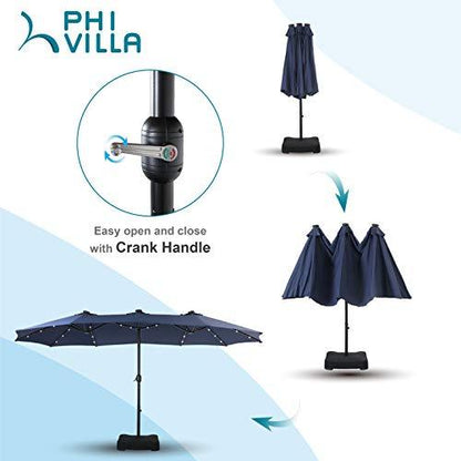 PHI VILLA 15ft Large Patio Umbrella with Solar Lights, Double-Sided Outdoor Market Rectangle Umbrellas with 36 LED Lights, Umbrella Base (Stand) Included, Navy Blue - CookCave