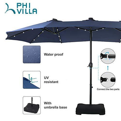 PHI VILLA 15ft Large Patio Umbrella with Solar Lights, Double-Sided Outdoor Market Rectangle Umbrellas with 36 LED Lights, Umbrella Base (Stand) Included, Navy Blue - CookCave