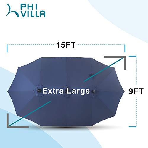 PHI VILLA 15ft Large Patio Umbrella with Solar Lights, Double-Sided Outdoor Market Rectangle Umbrellas with 36 LED Lights, Umbrella Base (Stand) Included, Navy Blue - CookCave