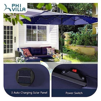 PHI VILLA 15ft Large Patio Umbrella with Solar Lights, Double-Sided Outdoor Market Rectangle Umbrellas with 36 LED Lights, Umbrella Base (Stand) Included, Navy Blue - CookCave