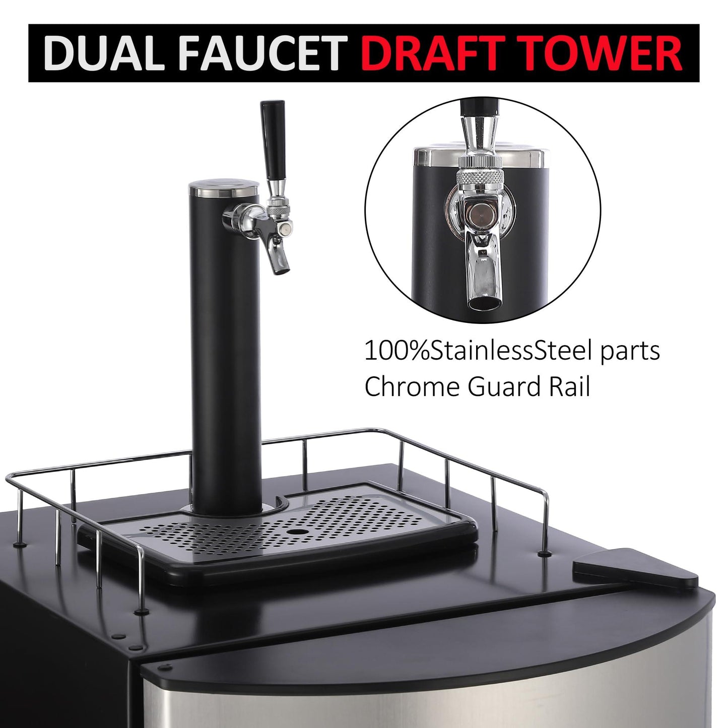 PioneerWorks Beer Kegerator, Single Tap Draft Beer Dispenser, Full Size Stainless Steel Keg Refrigerator With Drip Tray, CO2 Cylinder, 32°F- 50°F Temperature Control, 128L - CookCave