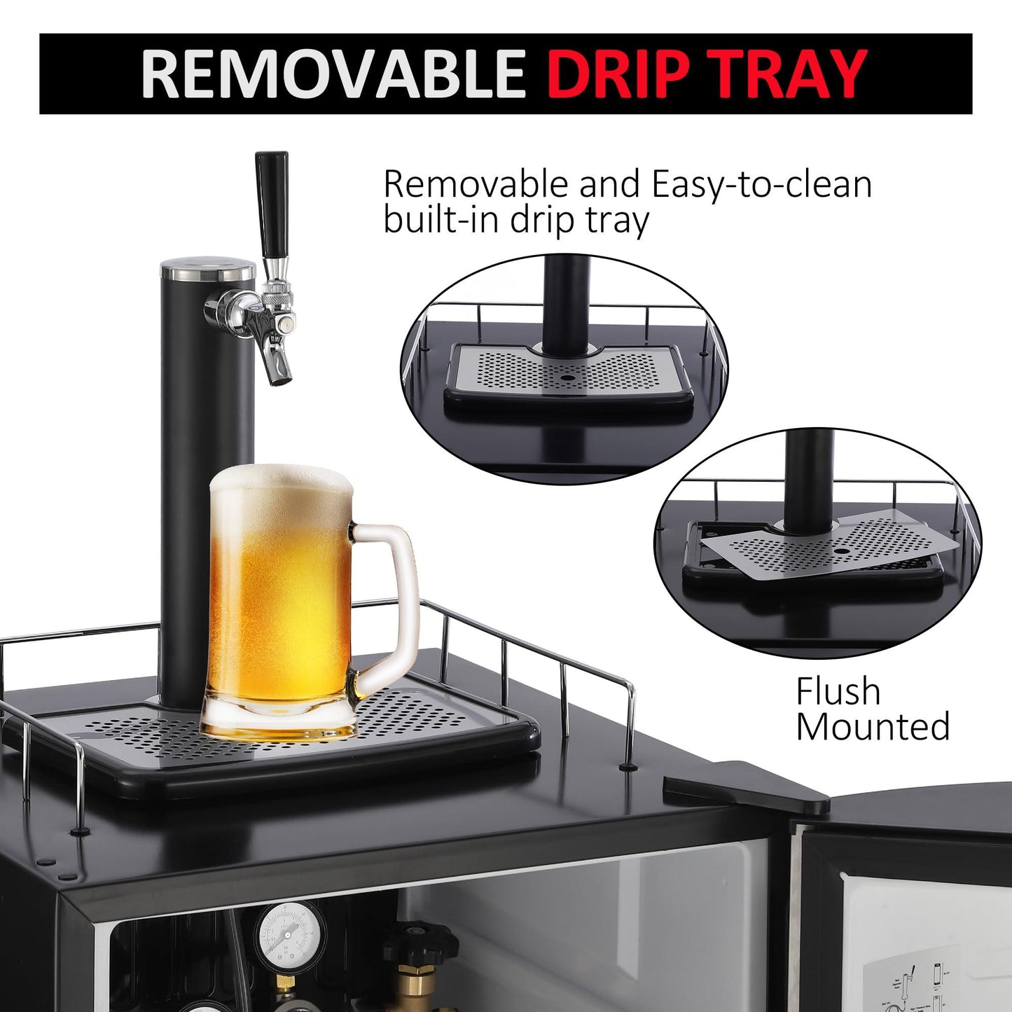 PioneerWorks Beer Kegerator, Single Tap Draft Beer Dispenser, Full Size Stainless Steel Keg Refrigerator With Drip Tray, CO2 Cylinder, 32°F- 50°F Temperature Control, 128L - CookCave