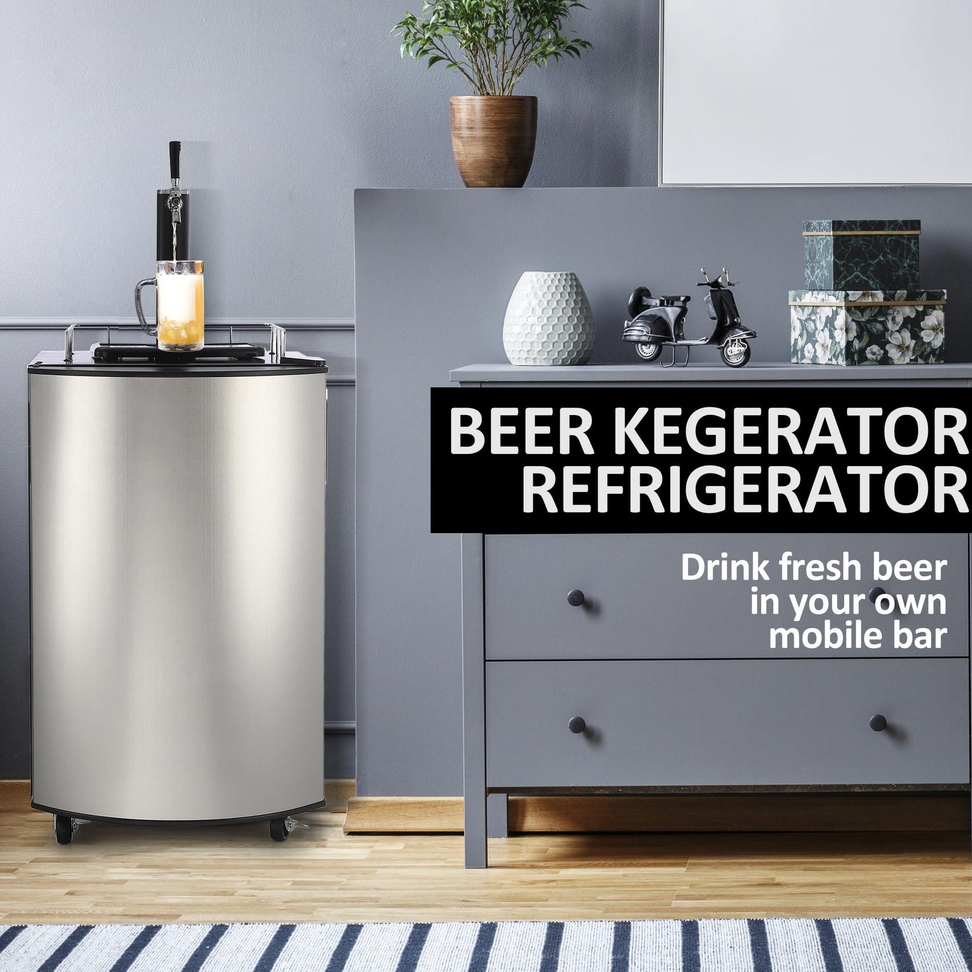 PioneerWorks Beer Kegerator, Single Tap Draft Beer Dispenser, Full Size Stainless Steel Keg Refrigerator With Drip Tray, CO2 Cylinder, 32°F- 50°F Temperature Control, 128L - CookCave