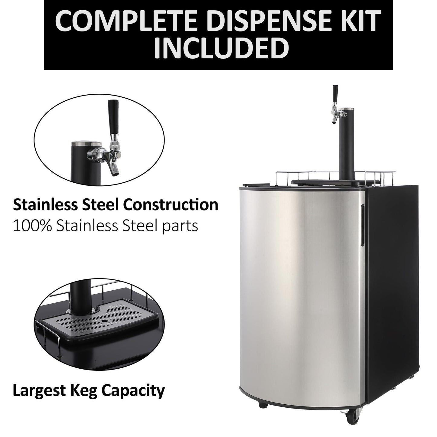 PioneerWorks Beer Kegerator, Single Tap Draft Beer Dispenser, Full Size Stainless Steel Keg Refrigerator With Drip Tray, CO2 Cylinder, 32°F- 50°F Temperature Control, 128L - CookCave
