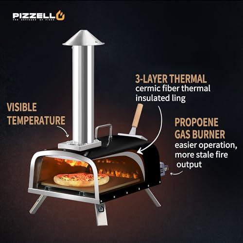 PIZZELLO 12" Outdoor Pizza Oven Propane & Wood Fired Pizza Maker Multi-Fuel Pizza Ovens with Gas Burner, Wood Tray, Stone, Pizza Peel, Cover, Forte Gas (Black) - CookCave