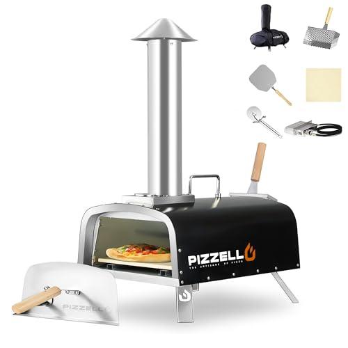 PIZZELLO 12" Outdoor Pizza Oven Propane & Wood Fired Pizza Maker Multi-Fuel Pizza Ovens with Gas Burner, Wood Tray, Stone, Pizza Peel, Cover, Forte Gas (Black) - CookCave