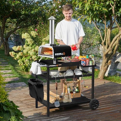 PIZZELLO Outdoor Grill Cart Three-Shelf Grill Table Movable BBQ Trolley Food Prep Carts Solid Steel Multifunctional Worktable Island with Two Wheels, Hooks, Black - CookCave