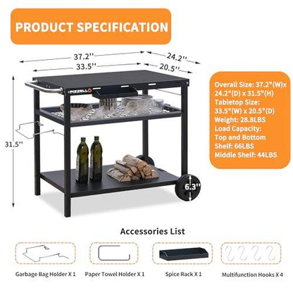 PIZZELLO Outdoor Grill Cart Three-Shelf Grill Table Movable BBQ Trolley Food Prep Carts Solid Steel Multifunctional Worktable Island with Two Wheels, Hooks, Black - CookCave