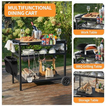 PIZZELLO Outdoor Grill Cart Three-Shelf Grill Table Movable BBQ Trolley Food Prep Carts Solid Steel Multifunctional Worktable Island with Two Wheels, Hooks, Black - CookCave