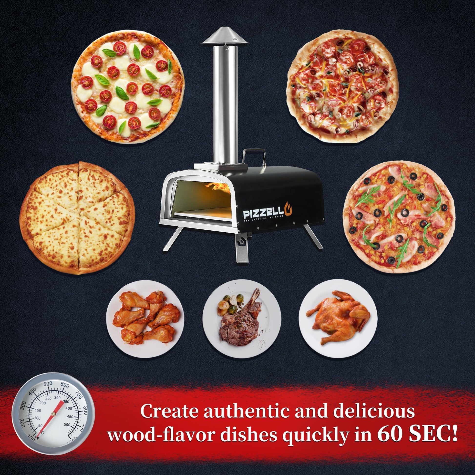 PIZZELLO Portable Pellet Pizza Oven Outdoor Wood Fired Pizza Ovens Included Pizza Stone, Pizza Peel, Fold-up Legs, Cover, Pizzello Forte (Black) - CookCave