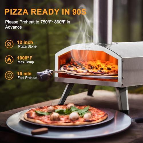 PolarcoForgeco Pizza Oven Outdoor Wood-Fired - 12 Inch Outdoor Pizza Oven with Rotatable Pizza Stone, Portable Stainless Steel Pellet Pizza Oven for Outside Backyard Camping - Silver - CookCave