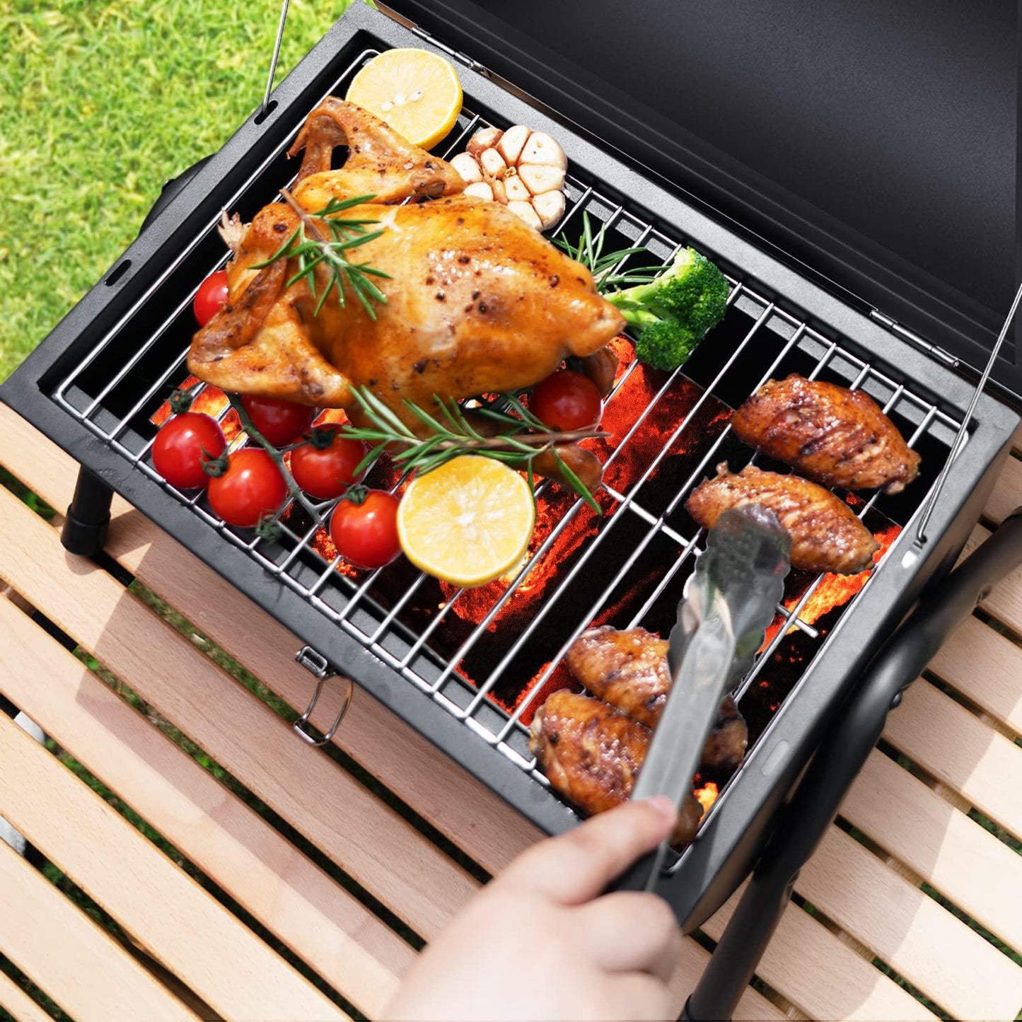 Portable Charcoal Grill, Tabletop Outdoor Barbecue Smoker, Small BBQ Grill for Outdoor Cooking Backyard Camping Picnics Beach by DNKMOR GREEN - CookCave