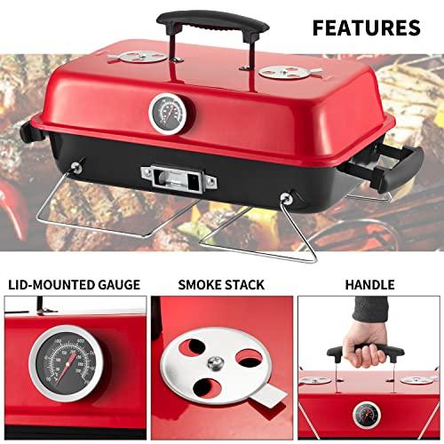 Portable Charcoal Grill, Tabletop Outdoor Barbecue Smoker, Small BBQ Grill for Outdoor Cooking Backyard Camping Picnics Beach by DNKMOR RED - CookCave