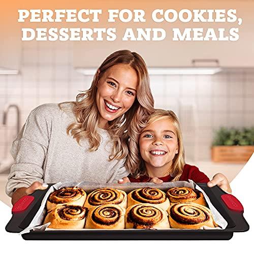 Premium Non-Stick Baking Sheets Set of 3 - Deluxe BPA Free, Easy to Clean Racks w/Silicone Handles - Bakeware Pans for Cooking Baking Roasting - Lets You Bake The Perfect Cookie or Pastry Every Time - CookCave