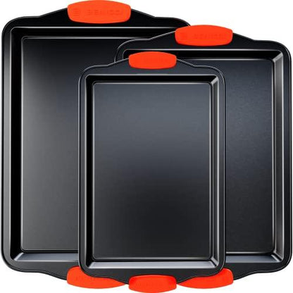 Premium Non-Stick Baking Sheets Set of 3 - Deluxe BPA Free, Easy to Clean Racks w/Silicone Handles - Bakeware Pans for Cooking Baking Roasting - Lets You Bake The Perfect Cookie or Pastry Every Time - CookCave