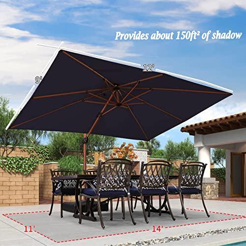 PURPLE LEAF 9' X 12' Double Top Deluxe Wood Pattern Rectangle Patio Umbrella Offset Hanging Umbrella Outdoor Market Umbrella Garden Umbrella, Navy Blue - CookCave