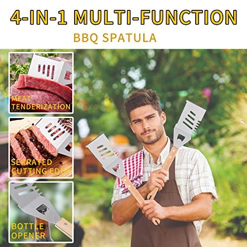 Qinshaine 4-in-1 BBQ Spatula, Multifunction Grill Spatula with Wooden Handle, perfect for BBQ grills and kebabs for camping picnics - CookCave