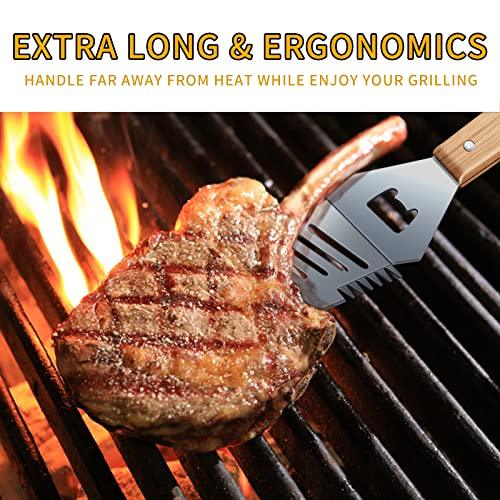 Qinshaine 4-in-1 BBQ Spatula, Multifunction Grill Spatula with Wooden Handle, perfect for BBQ grills and kebabs for camping picnics - CookCave