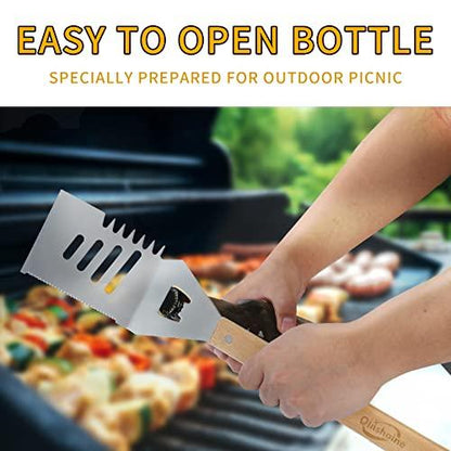 Qinshaine 4-in-1 BBQ Spatula, Multifunction Grill Spatula with Wooden Handle, perfect for BBQ grills and kebabs for camping picnics - CookCave