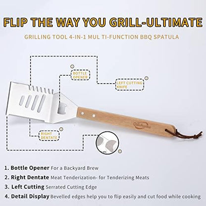 Qinshaine 4-in-1 BBQ Spatula, Multifunction Grill Spatula with Wooden Handle, perfect for BBQ grills and kebabs for camping picnics - CookCave